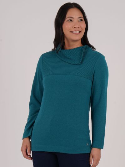 PennyPlain Zip Cowl Neck Rib Top- Dragonfly