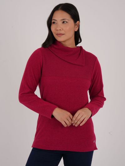 PennyPlain Zip Cowl Neck Rib Top - Berry