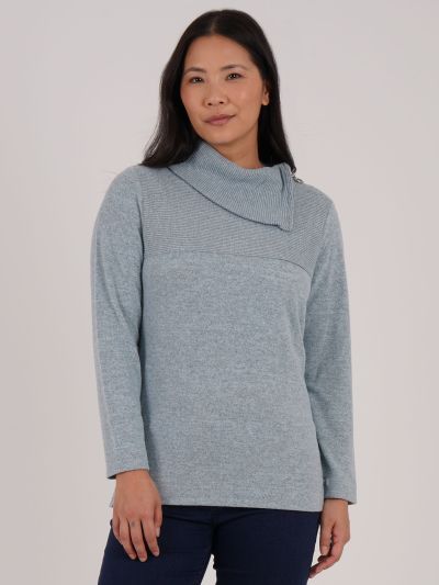 PennyPlain Zip Cowl Neck Rib Top - Glacier