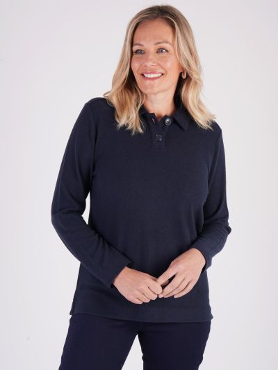 PennyPlain Button Collar Top  - Navy
