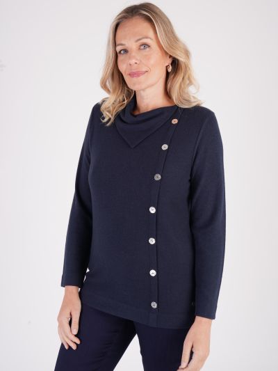 PennyPlain Button Split Cowl Neck Top - Navy