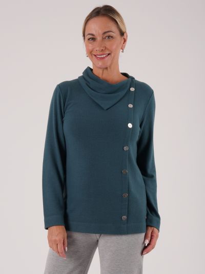 PennyPlain Button Split Cowl Neck Top - Peacock