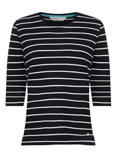 PennyPlain Scoop Neck Striped Top Top - Navy