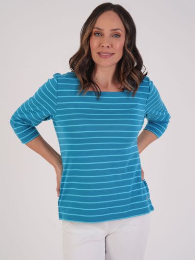 PennyPlain Stripe Square Neck Top - Wedgewood/lagoon