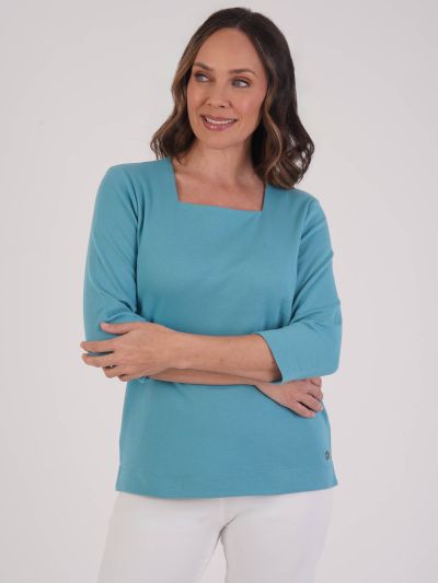 PennyPlain Solid Square Neck Top - Sea Green