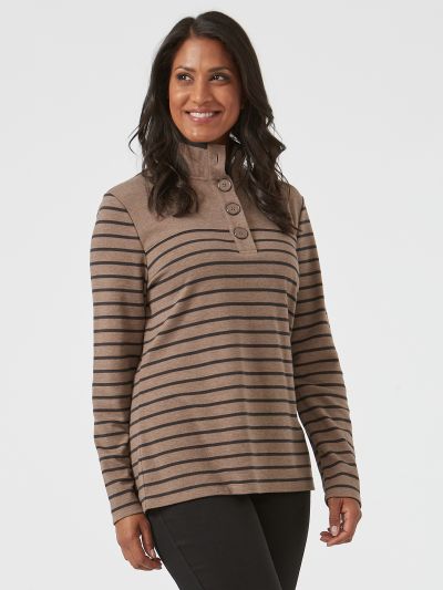 PennyPlain Striped Funnel Neck Top - Latte