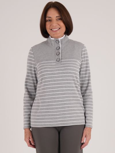 PennyPlain Striped Funnel Neck Top - Silver Marl/white