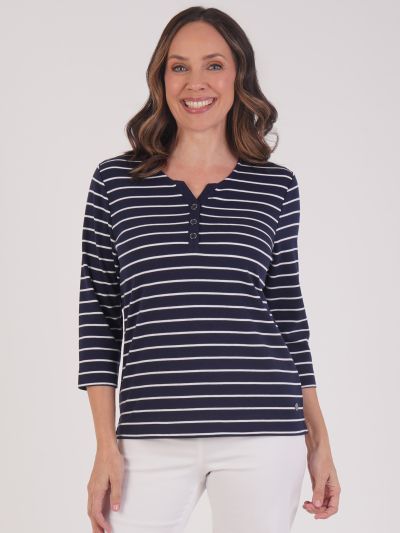 PennyPlain Notch Neck Stripe Top - French Navy/ivory