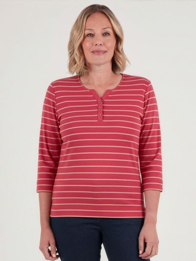 PennyPlain Notch Neck Stripe Top - Berry/dusk
