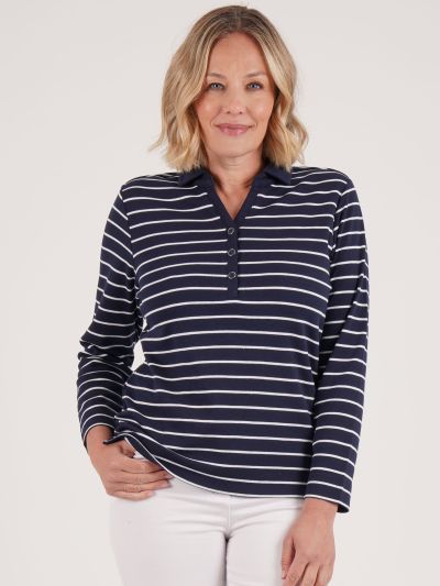 PennyPlain Henley Striped Polo Top - French Navy/ivory