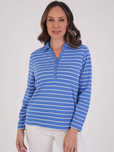 PennyPlain Notch Neck Top - Light Ultramarine/white