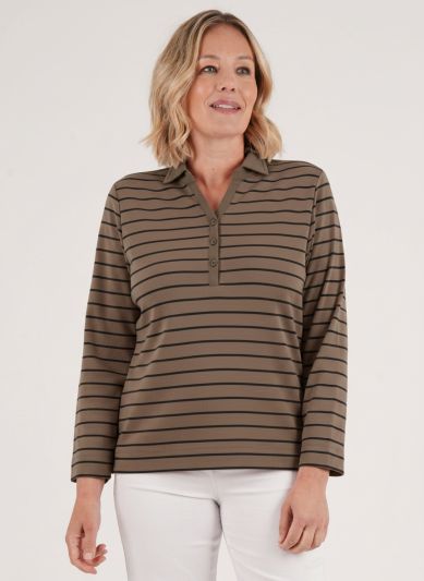 PennyPlain Notch Neck Stripe Henley Top -  Latte M/charcoal