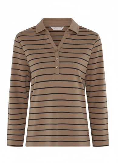 PennyPlain Notch Neck Stripe Henley Top -  Latte M/charcoal