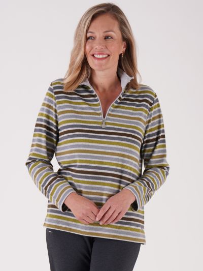 PennyPlain Stripe Zipped Funnel Neck - Forest
