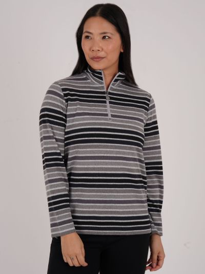 PennyPlain Striped Zip Funnel Neck- Black