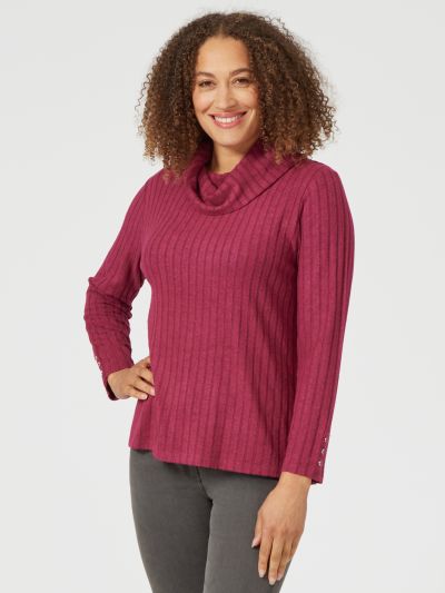 PennyPlain Cuff Detail Cowl Neck Top - Berry
