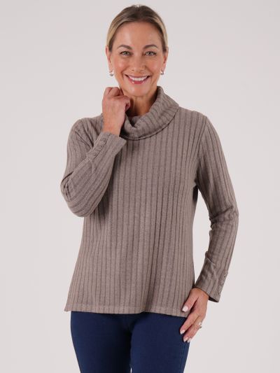 PennyPlain Cowl Neck Cuff Button Top - Latte