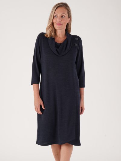 PennyPlain Asymmetric Button Cowl Dress - Navy
