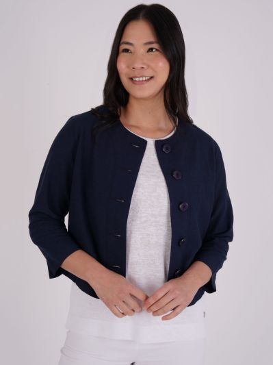 PennyPlain Linen Blend Cropped Jacket - Navy
