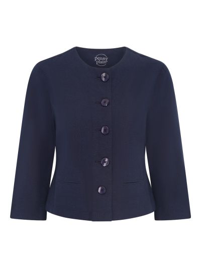 PennyPlain Linen Blend Cropped Jacket - Navy