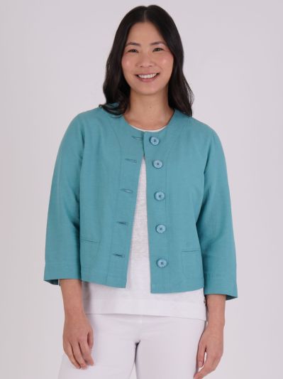 PennyPlain Linen Blend Cropped Jacket - Sea Green