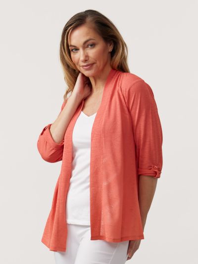 PennyPlain Roll Up Sleeve Cardigan - Coral