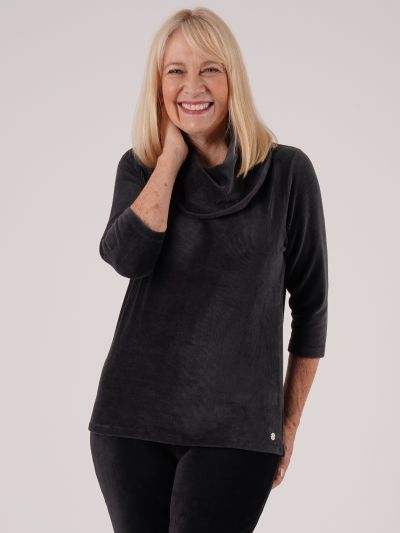 PennyPlain Ribbed Velour Cowl Neck Top - Black