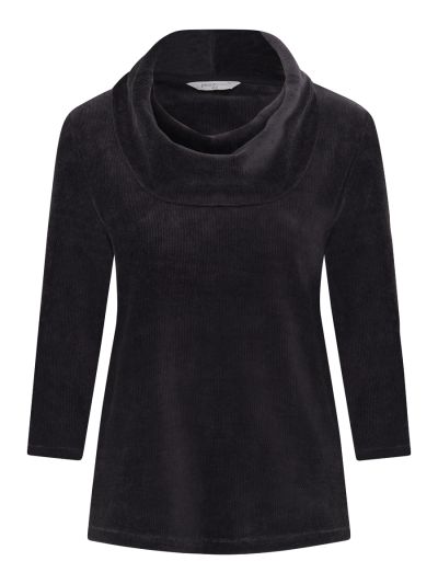 PennyPlain Ribbed Velour Cowl Neck Top - Black
