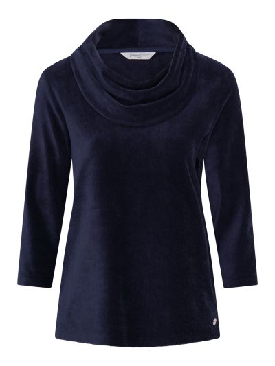 PennyPlain Ribbed Velour Cowl Neck Top- Navy