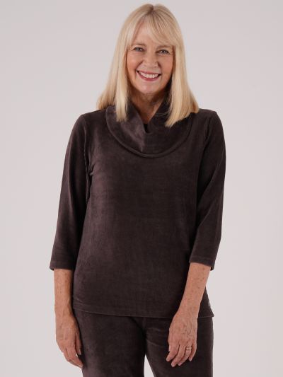 PennyPlain Ribbed Velour Cowl Neck Top - Dark Latte