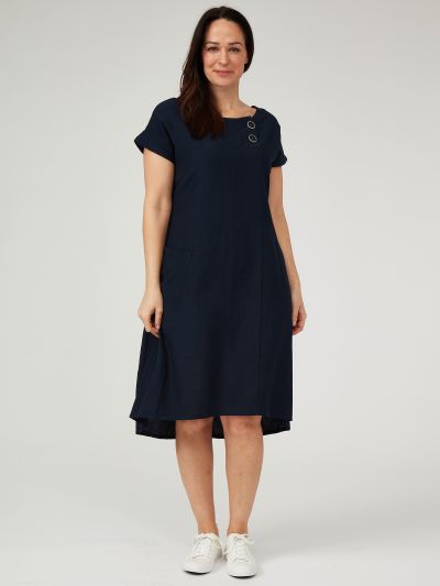 PennyPlain Cap Sleeve Linen Dress - Navy