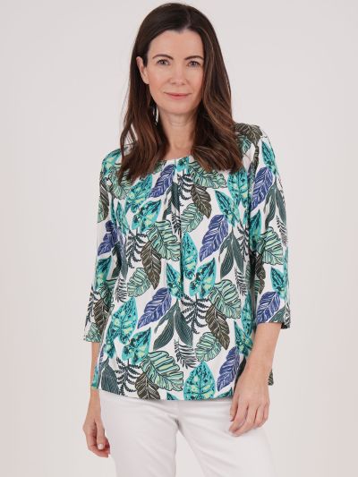 TIGI Tropical Leaf Ruched Neckline Top