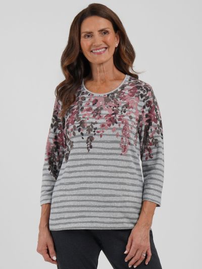 TIGI Stripe And Floral Border Print Top