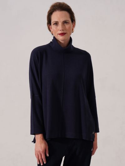 VIZ-A-VIZ Cowl Neck Long Sleeve Top- Navy