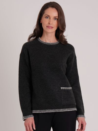 VIZ-A-VIZ Blanket Stitch Pocket Crew Neck Jumper