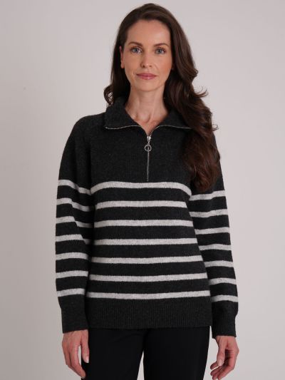 VIZ-A-VIZ Stripe Half Zip Funnel Neck Jumper