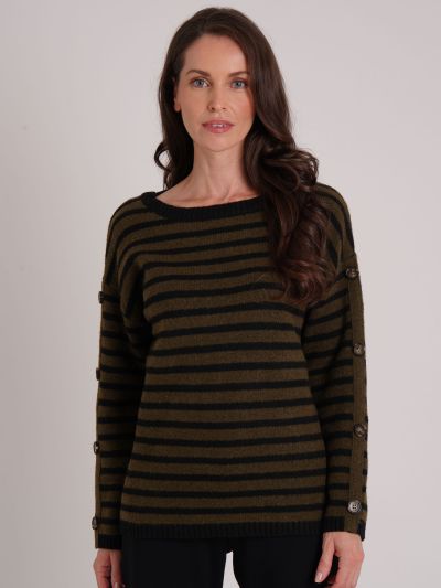 VIZ-A-VIZ Stripe Button Arm Crew Neck Jumper