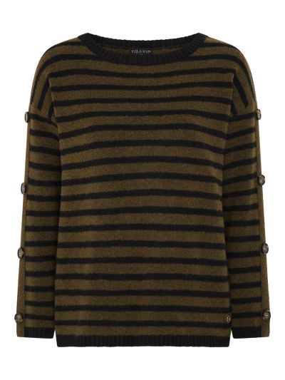 VIZ-A-VIZ Stripe Button Arm Crew Neck Jumper