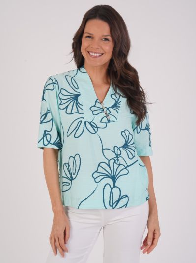 VIZ-A-VIZ Linear Floral Print Asymmetric Button Detail Top