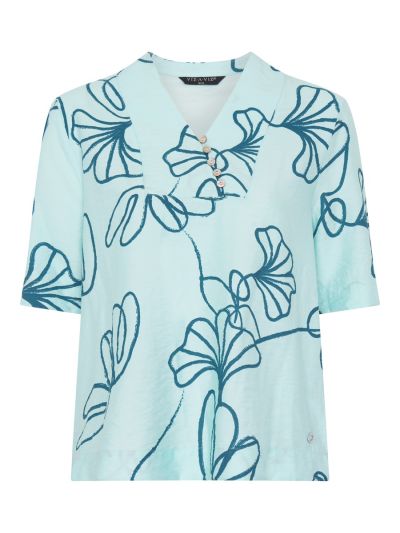 VIZ-A-VIZ Linear Floral Print Asymmetric Button Detail Top