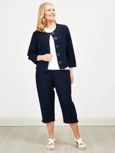 PENNY PLAIN  Navy Linen Blend Cropped Trousers
