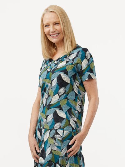 TIGI  French Navy And Turquoise Leaf Print Top