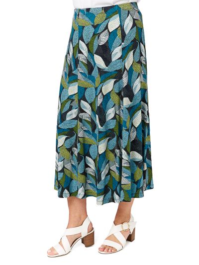 TIGI  French Navy And Turquoise Leaf Print Skirt- Regular